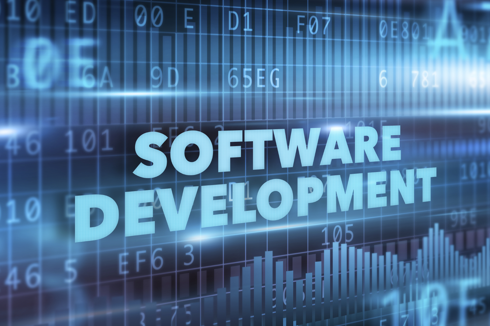 Software development concept blue text blue background